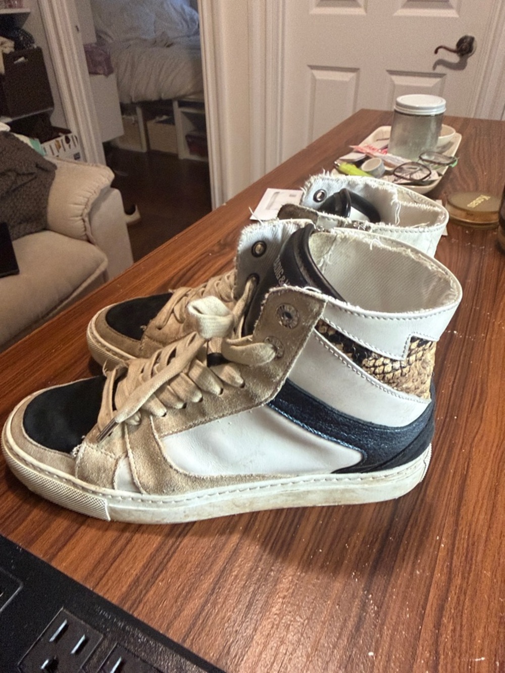 Zadig & Voltaire High-Top Sneakers in Cream, Black & Tan Suede
